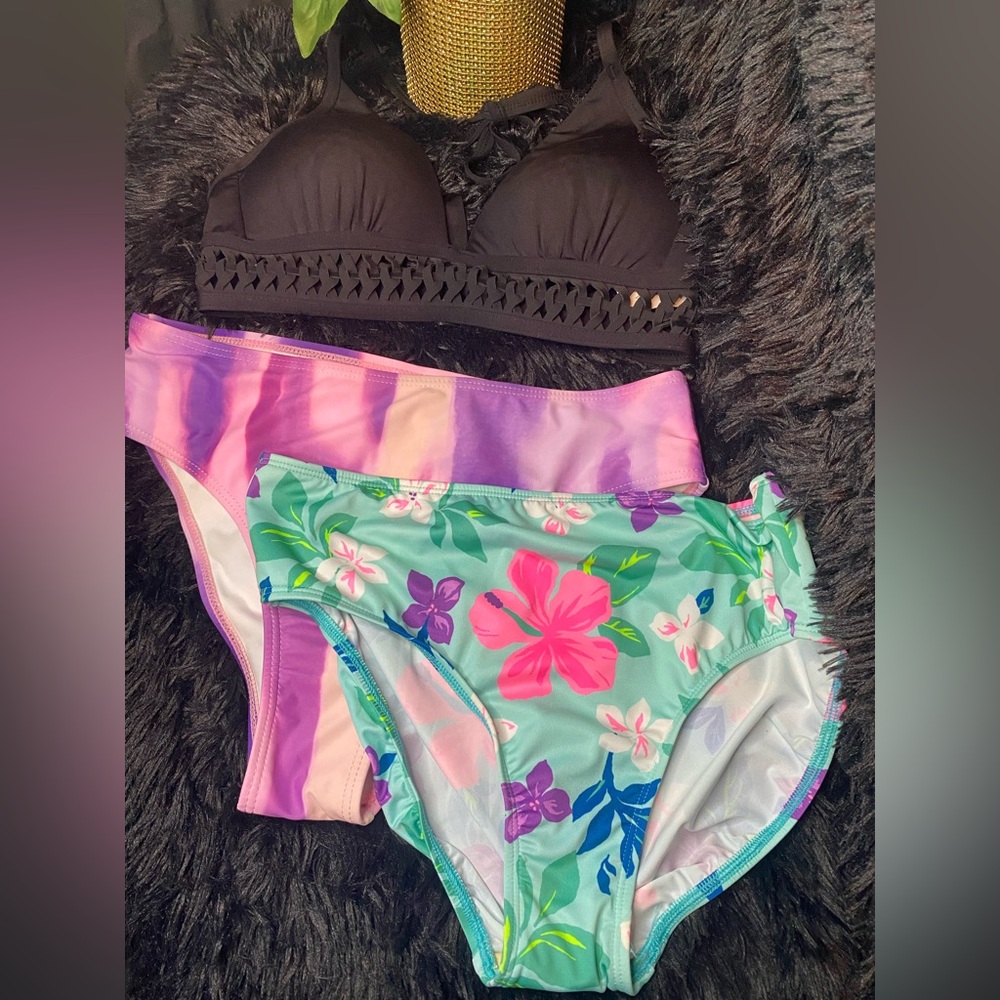 3pc Bikini Swimsuit Set Size M Black Halter Top Purple Tie Dye Blue Green Flower